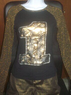 long sleeved tee shirt for autumn/fall gold foil metallic glitter size medium